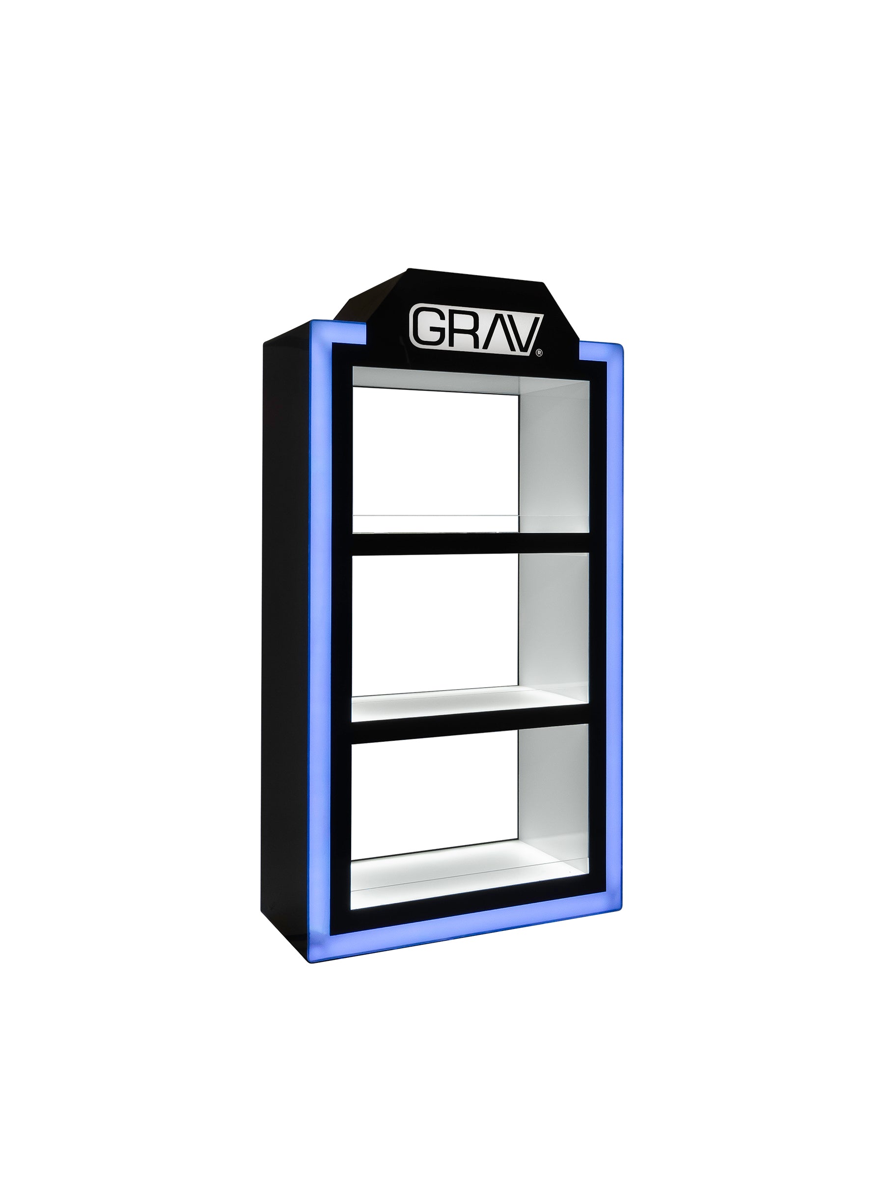 The GRAV® Light Up LED Display Stand in sophisticated black with three tiers, glowing under white LED lights, is designed for retailers looking to enhance their store's product presentation.