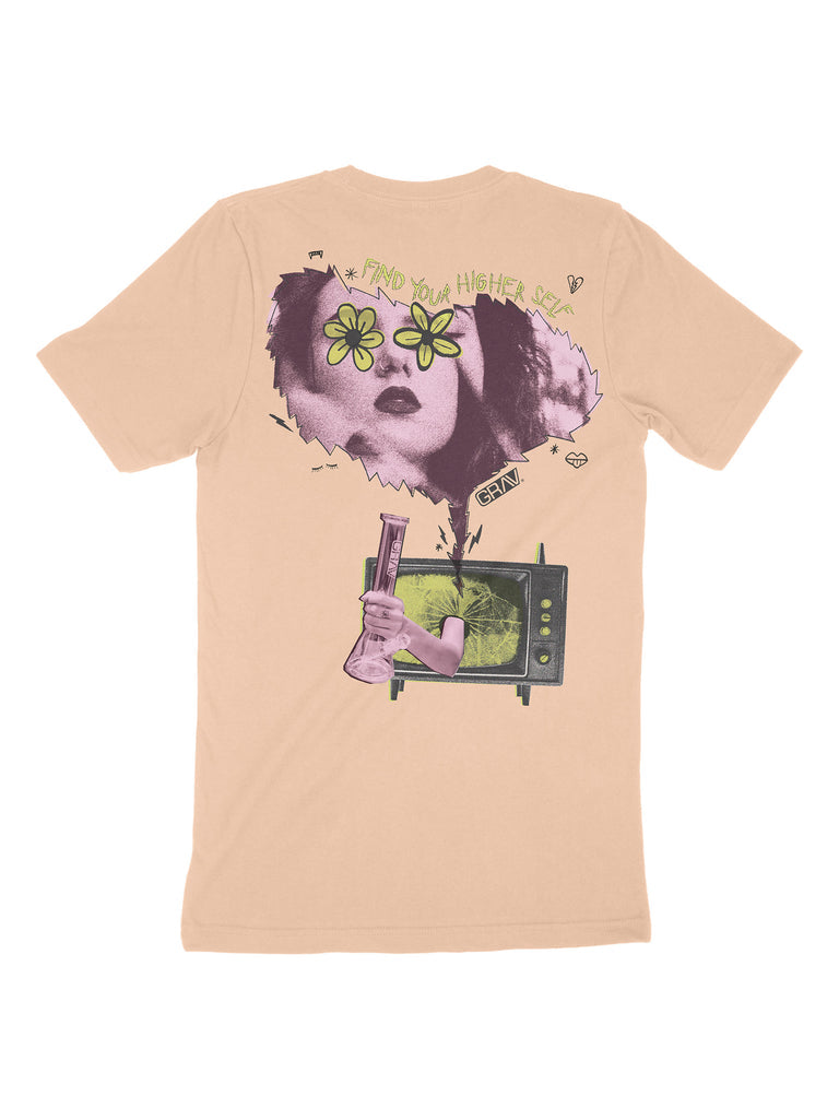 Peach-colored t-shirt featuring a unique pocket illustration GRAV logo on the front and a vintage collage-style back design with a GRAV bong and a "Find your higher self" phrase.